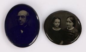 Two 19th Century photographs on glass, oval form with two sisters and another of a gentleman, 27mm