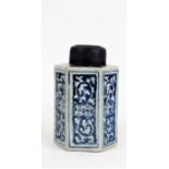 19th Century Chinese porcelain tea caddy, the dark stained bamboo lid above a hexagonal body with