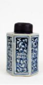 19th Century Chinese porcelain tea caddy, the dark stained bamboo lid above a hexagonal body with