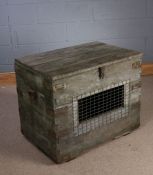 Folk art scratch built broody coop, with pale green colour to the hinged lid, the front of the