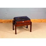 Edwardian style mahogany piano stool, the hinged adjustable seat raised on square legs,