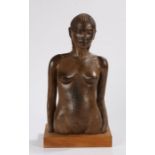 Ethiopian cast metal sculpture, depicting a female head and torso, mounted on an oak plinth base,