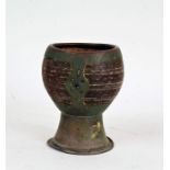 Tibetan ceremonial brass mounted coconut offerings cup, inlaid with three turquoise stones, 14cm