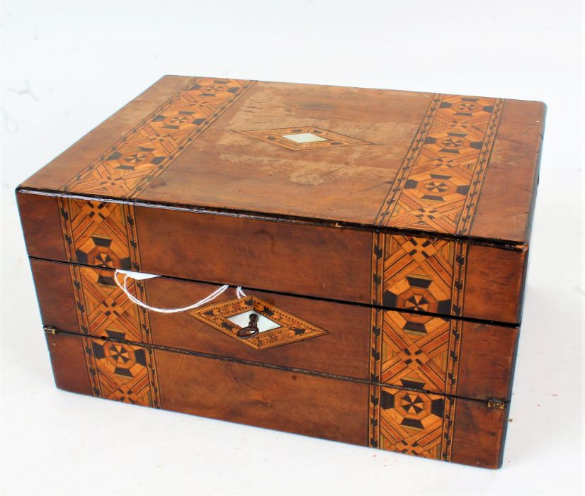 Victorian walnut and Tunbridge ware combination jewellery and writing box, the hinged lid opening to