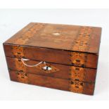 Victorian walnut and Tunbridge ware combination jewellery and writing box, the hinged lid opening to