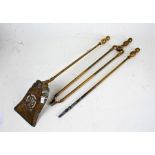 Set of three 19th century brass fire irons, having knopped handles and comprising a poker, shovel