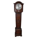 Oak cased grandmother clock, the arched hood with barley twist pilasters, the silvered dial with