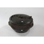 Large African carved wooden lidded bowl, the lid carved with a lizard, approx. 57cm diameter