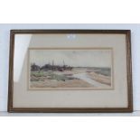 H A Macfarlane, Estuary with a ship yard, signed H.A.M, Rowley gallery label to the reverse, 35cm