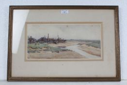 H A Macfarlane, Estuary with a ship yard, signed H.A.M, Rowley gallery label to the reverse, 35cm