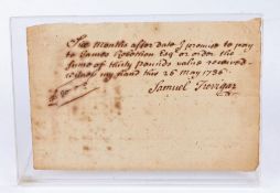 18th Century promissory note, "Six months after date I promise to pay James Robothion Esq.r or order