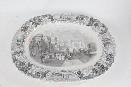 Victorian Staffordshire pottery meat serving dish, with a black transfer decorated Windsor castle