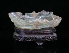 Chinese jade or hardstone brush washer, Qing Dynasty, carved in the form of a lotus leaf with raised