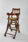 19th Century high chair, with square back above removable seat,  adjustable mechanism, raised on