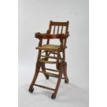 19th Century high chair, with square back above removable seat,  adjustable mechanism, raised on