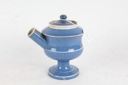 19th century blue and white wet drug jar, with lift up lid and part fluted body raised on circular