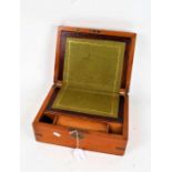 Victorian mahogany and brass bound writing box, the hinged lid with vacant cartouche, with green