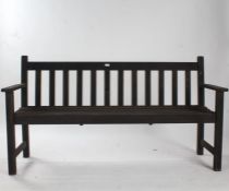 Black painted garden bench and two chairs, with slatted back and seats, 156cm wide 85cm high 45cm