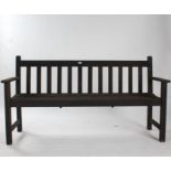 Black painted garden bench and two chairs, with slatted back and seats, 156cm wide 85cm high 45cm