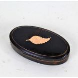 19th Century tortoiseshell snuff box, of oval form with gilt leaf to the lid, 8cm wide