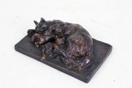 Alice Mary Chaplin bronze sculpture, cat and kittens, signed to base, 16cm wide, 9.5cm deep