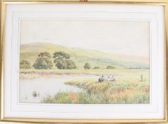 English School, landscape study of a river scene, with figures in a boat to the foreground, housed