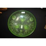 Frosted green glass bowl with raised seaweed decoration, on three clamshell feet, 26cm diameter