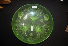 Frosted green glass bowl with raised seaweed decoration, on three clamshell feet, 26cm diameter