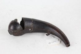 19th Century Treen horn, with a capped end above the arched chip carved body with iron loop