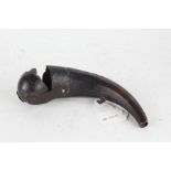 19th Century Treen horn, with a capped end above the arched chip carved body with iron loop