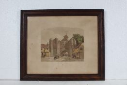 Five framed prints depicting Ipswich scenes, Bourne Bridge 1780, the Town Hall 1810, the Market