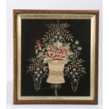 Japanese silk and wool work picture, with a basket containing a red bouquet of flowers and