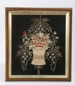 Japanese silk and wool work picture, with a basket containing a red bouquet of flowers and