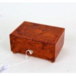 Amboyna music box, the hinged lid with vacant shield shaped cartouche, 13cm wide