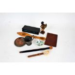 Mixed works of art, to include a sovereign case, small Chinese dish, Bavarian style carved wooden