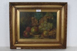 19th Century still life study of fruit, indistinctly signed, oil on board, housed within a gilt