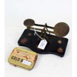 Set of N.B. Paris postal scales, on a serpentine plinth base, together with seven weights from 4oz -