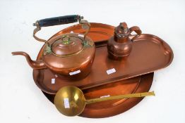Mixed copper and brass, to include a circular tray inset with a coin, a 19th century ladle,