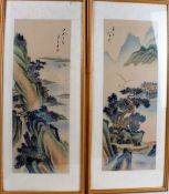 Pair of 20th century Chinese paintings on silk, each depicting mountainous landscapes, housed within