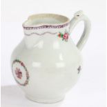 19th Century Chinese export porcelain jug, painted with pink and purple flowers, with scroll handle,