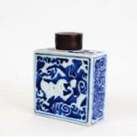 19th Century Chinese porcelain tea caddy, the dark stained bamboo lid above a rectangular body
