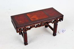 Chinese hardwood miniature altar table, with pierced frieze, 20cm wide, 10cm high, 9cm deep