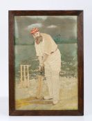 W G Grace, a silk work picture of W G Grace standing with bat in hand with the wickets behind,