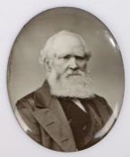 19th Century photograph on enamel, of a gentleman with a white beard, the reverse with the text 'A.