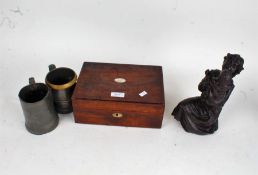 Victorian rosewood and mother of pearl inlaid trinket box, together with a 19th century pewter