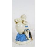Royal Worcester porcelain vase, in the form of a seated cherub holding an urn, with blue painted