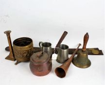 Mixed metalware, to include a Victorian copper and iron handled pot, a brass embossed jardeniere,