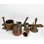 Mixed metalware, to include a Victorian copper and iron handled pot, a brass embossed jardeniere,