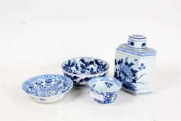 Four items of Chinese blue and white porcelain, to include, tea caddy, a saucer dish, with character