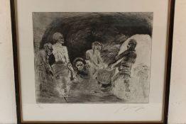 Paul Rumsey (B1956), figures in a mine, signed lithograph, numbered 51/250, titled indistinctly